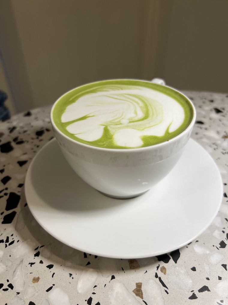Matcha latte in a bowl-style cup