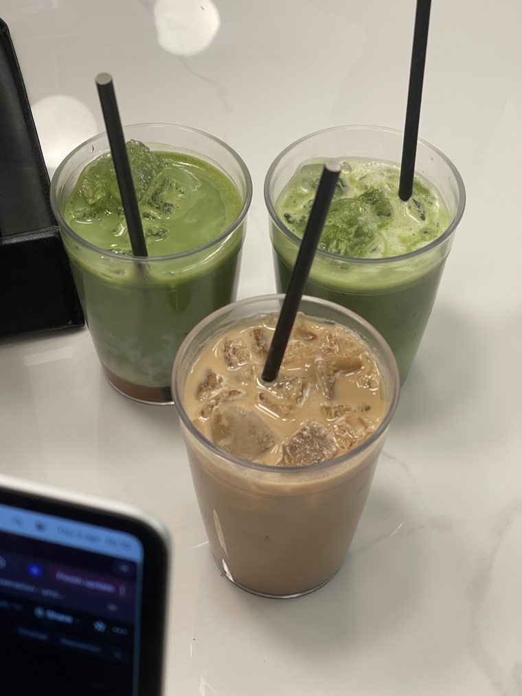 Iced matcha and iced coffee in tall glasses
